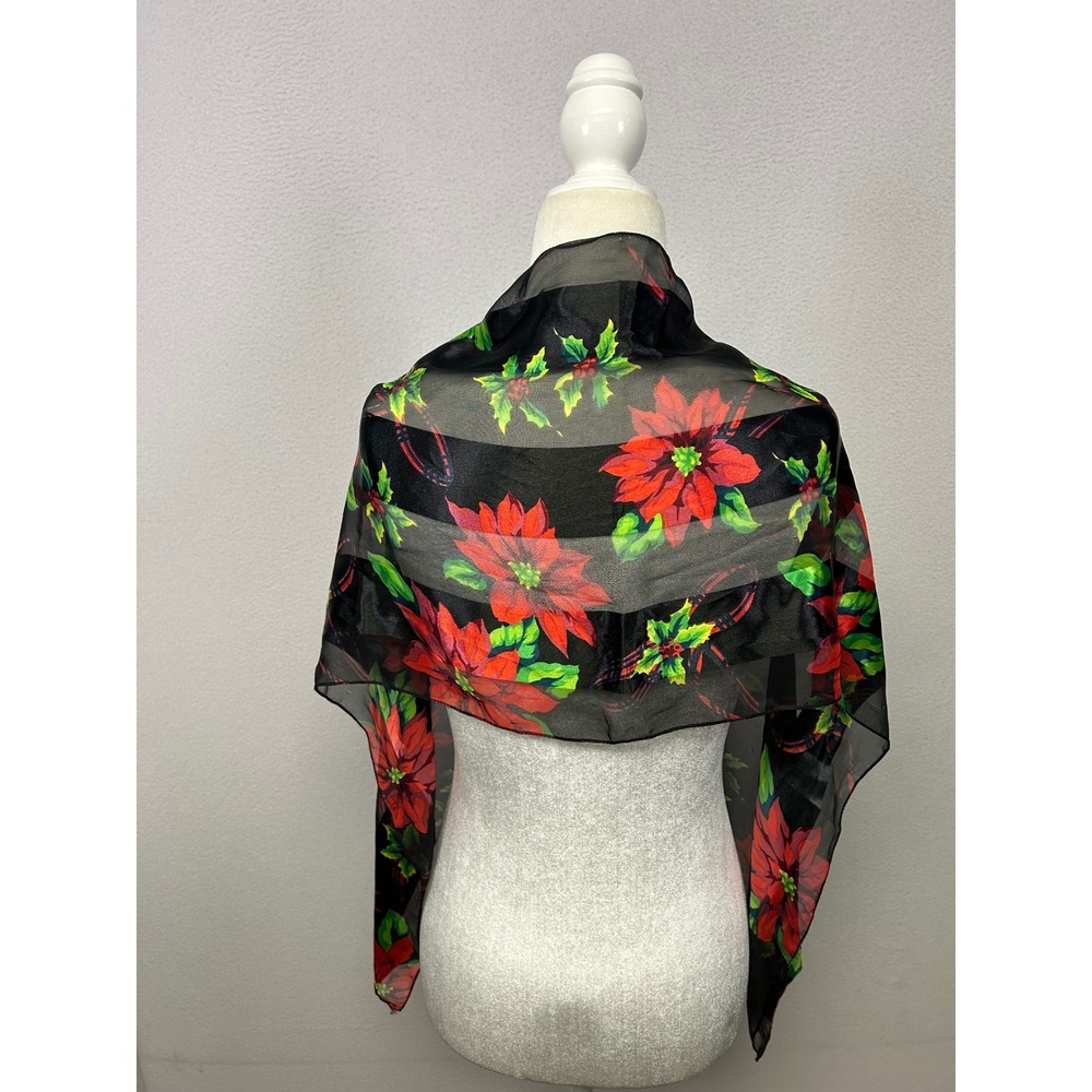 Christmas Holiday Womens OS Black Red Poinsettia Sheer Satin Scarf